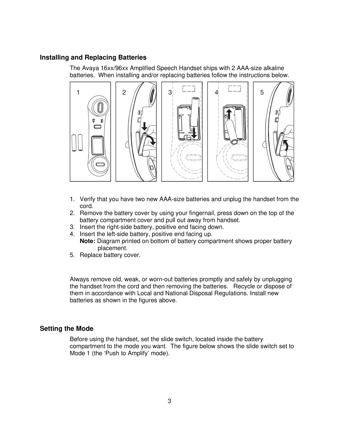 Avaya 16xx, 96xx manual Installing and Replacing Batteries, Setting the Mode 