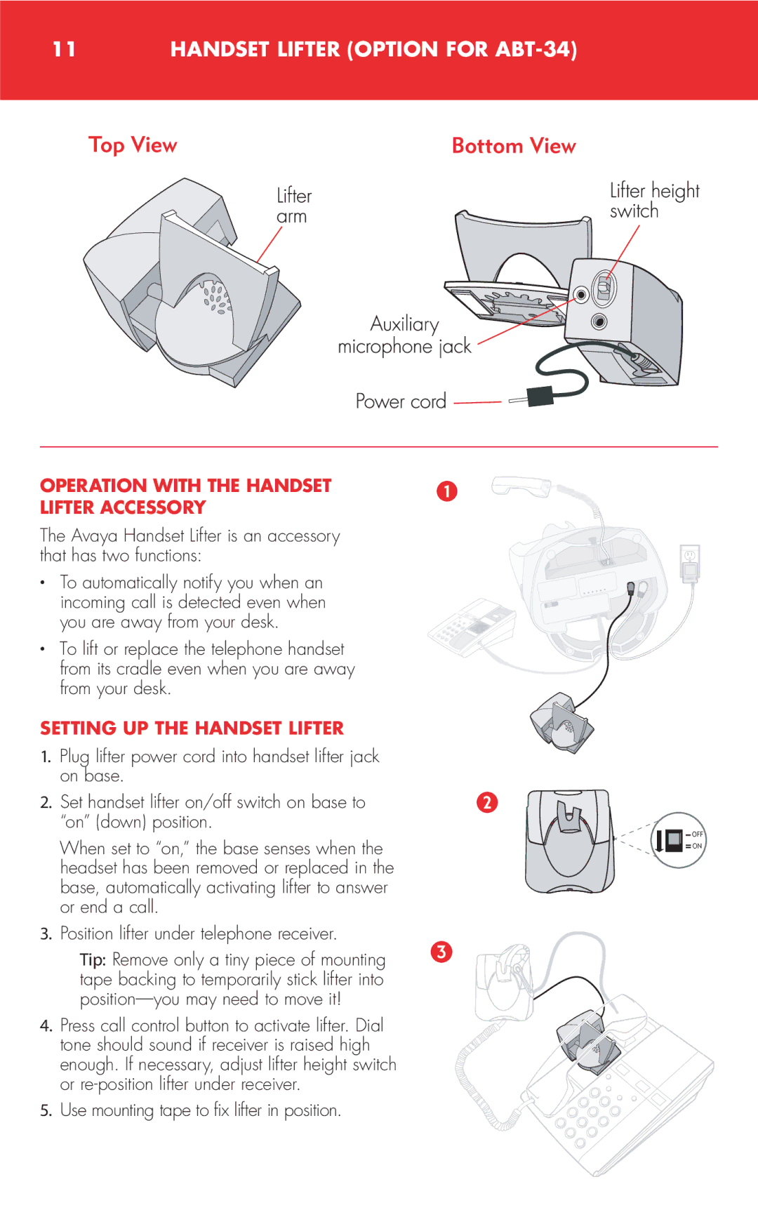 Avaya Handset Lifter Option for ABT-34, Operation with the Handset Lifter Accessory, Setting UP the Handset Lifter 