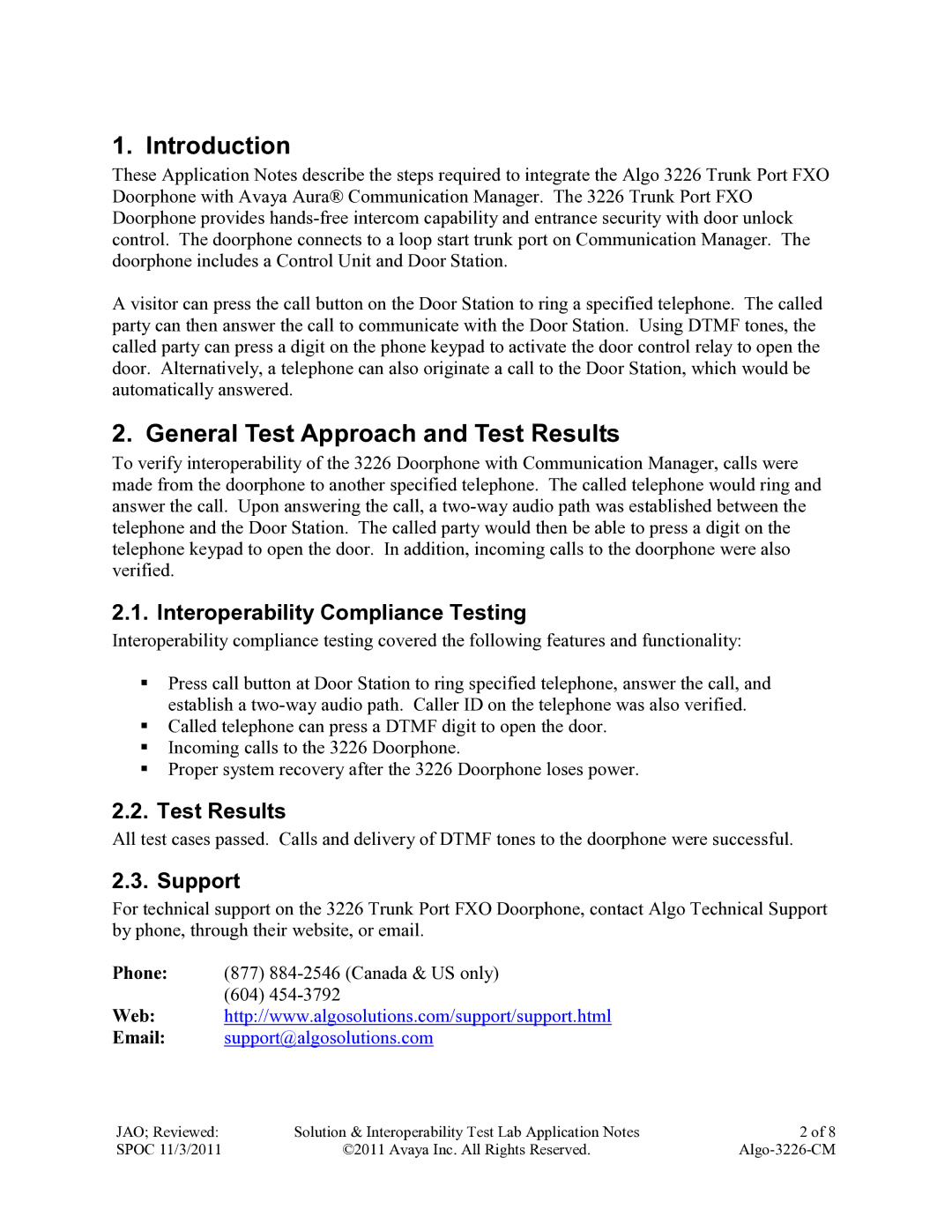 Avaya ALGO-3226-CM Introduction, General Test Approach and Test Results, Interoperability Compliance Testing, Support 