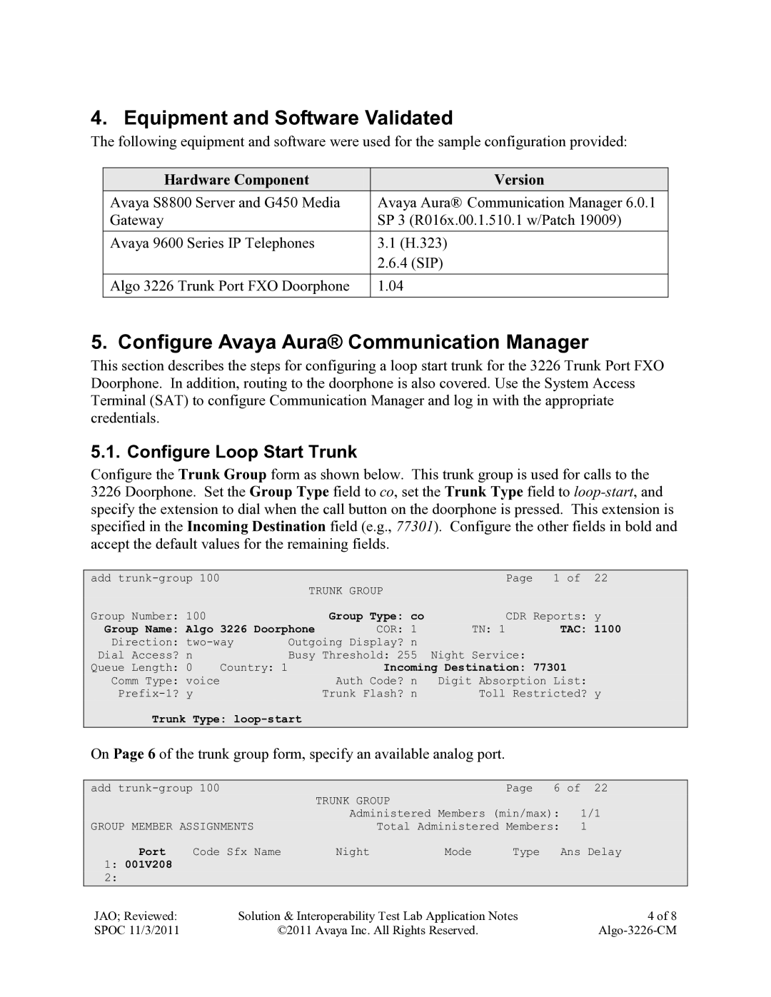 Avaya ALGO-3226-CM manual Equipment and Software Validated, Configure Avaya Aura Communication Manager 