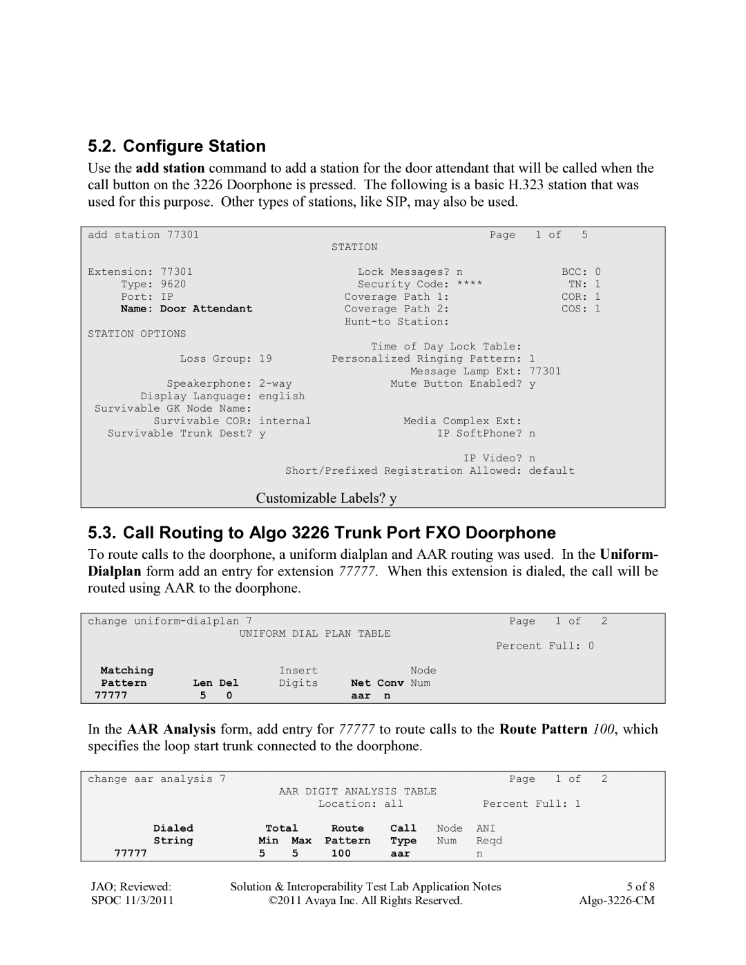 Avaya ALGO-3226-CM manual Configure Station, Call Routing to Algo 3226 Trunk Port FXO Doorphone 
