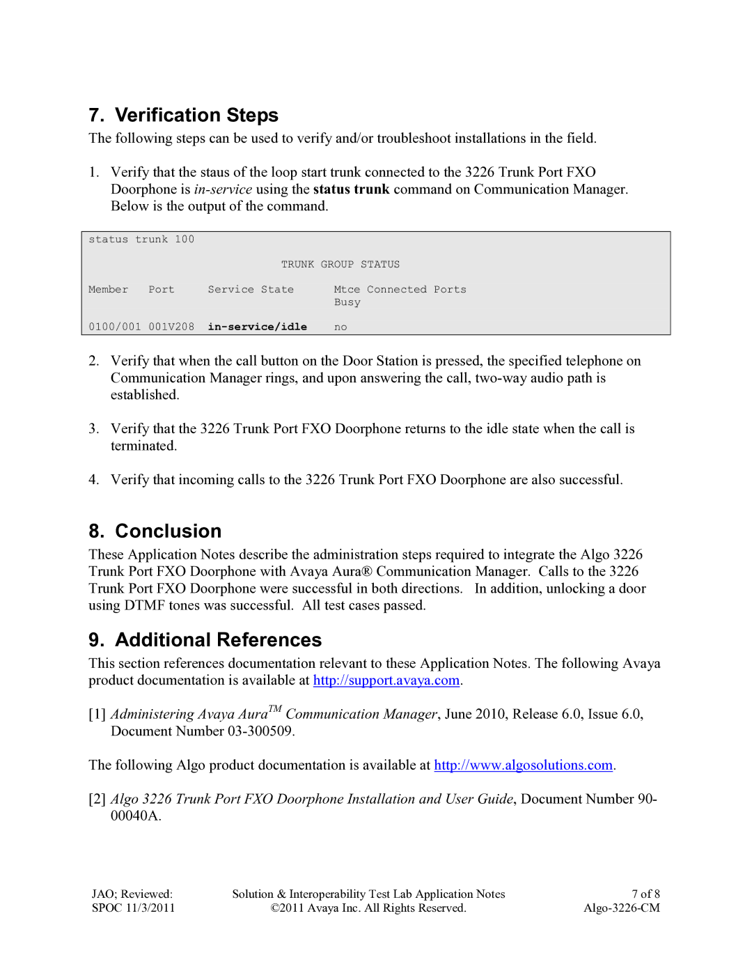 Avaya ALGO-3226-CM manual Verification Steps, Conclusion, Additional References, Trunk Group Status, In-service/idle 