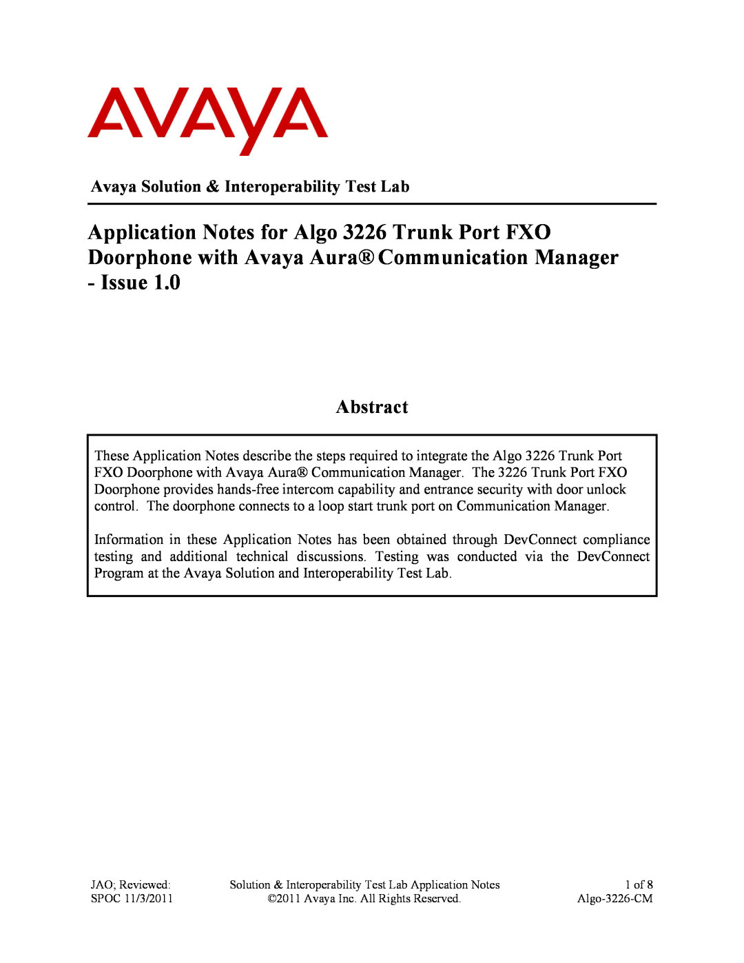 Avaya ALGO-3226-CM manual Abstract, Avaya Solution & Interoperability Test Lab 