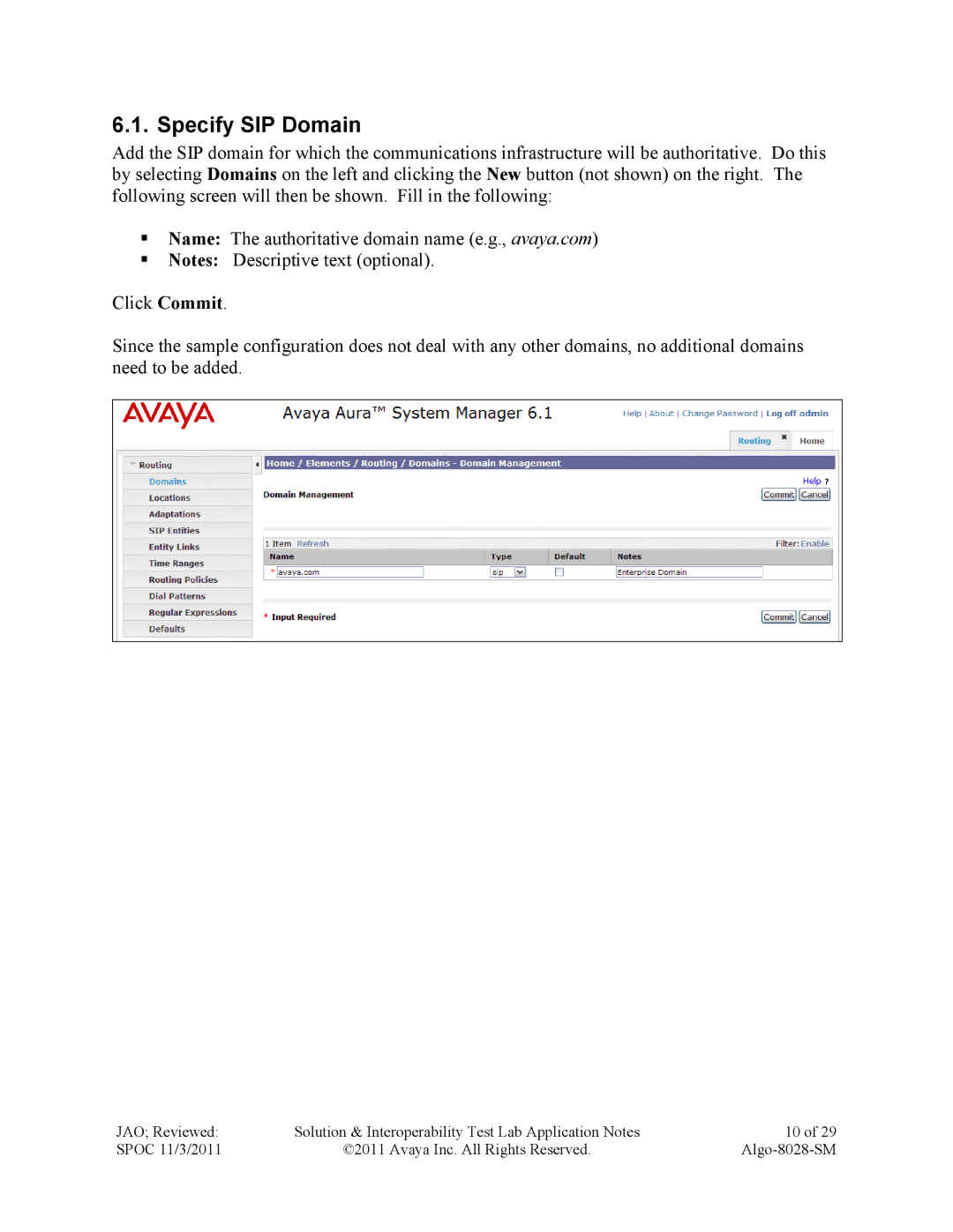 Avaya ALGO-8028-SM manual Specify SIP Domain 