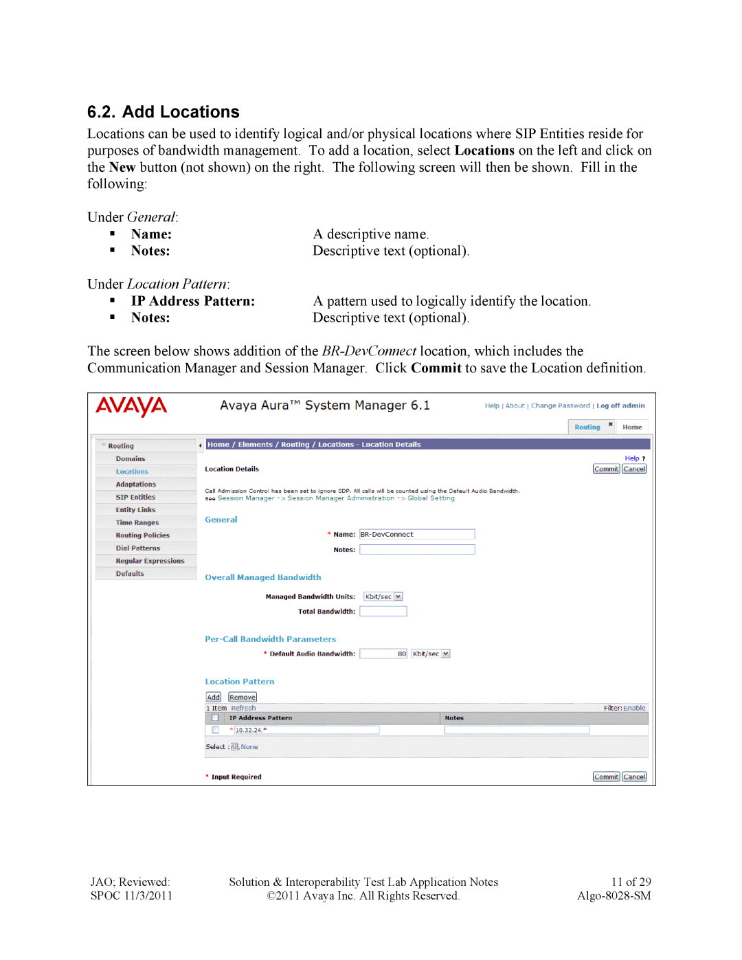 Avaya ALGO-8028-SM manual Add Locations, Name,  Notes 