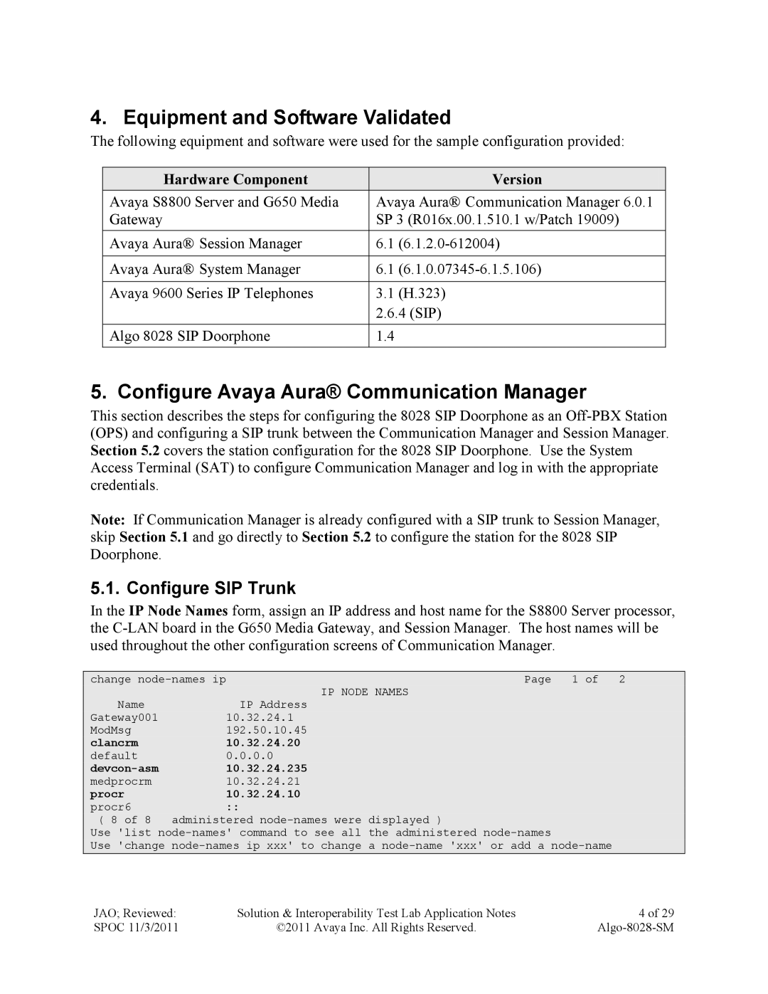 Avaya ALGO-8028-SM manual Equipment and Software Validated, Configure Avaya Aura Communication Manager, Configure SIP Trunk 