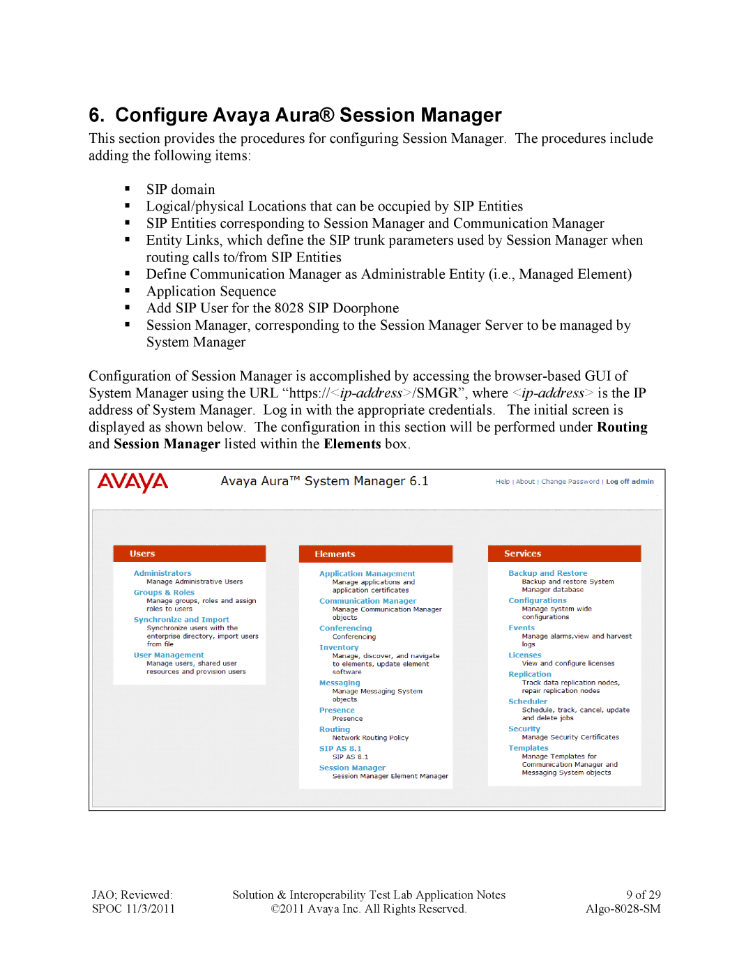 Avaya ALGO-8028-SM manual Configure Avaya Aura Session Manager 