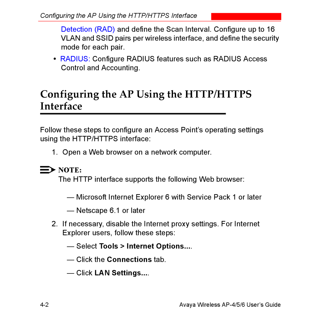 Avaya AP-6, AP-4, AP-5 manual Configuring the AP Using the HTTP/HTTPS Interface, Select Tools Internet Options 