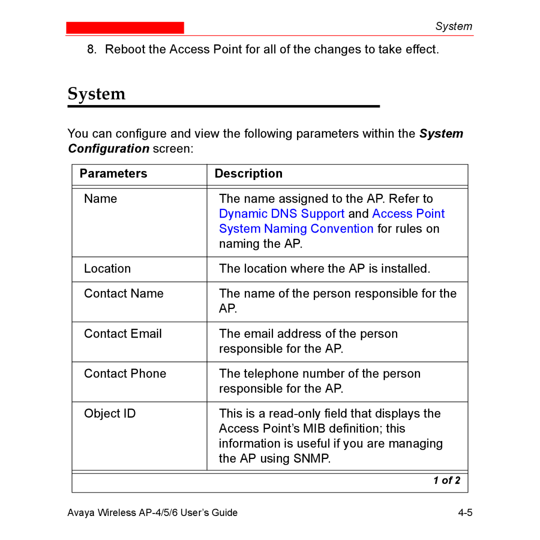 Avaya AP-6, AP-4, AP-5 manual System, Parameters Description 