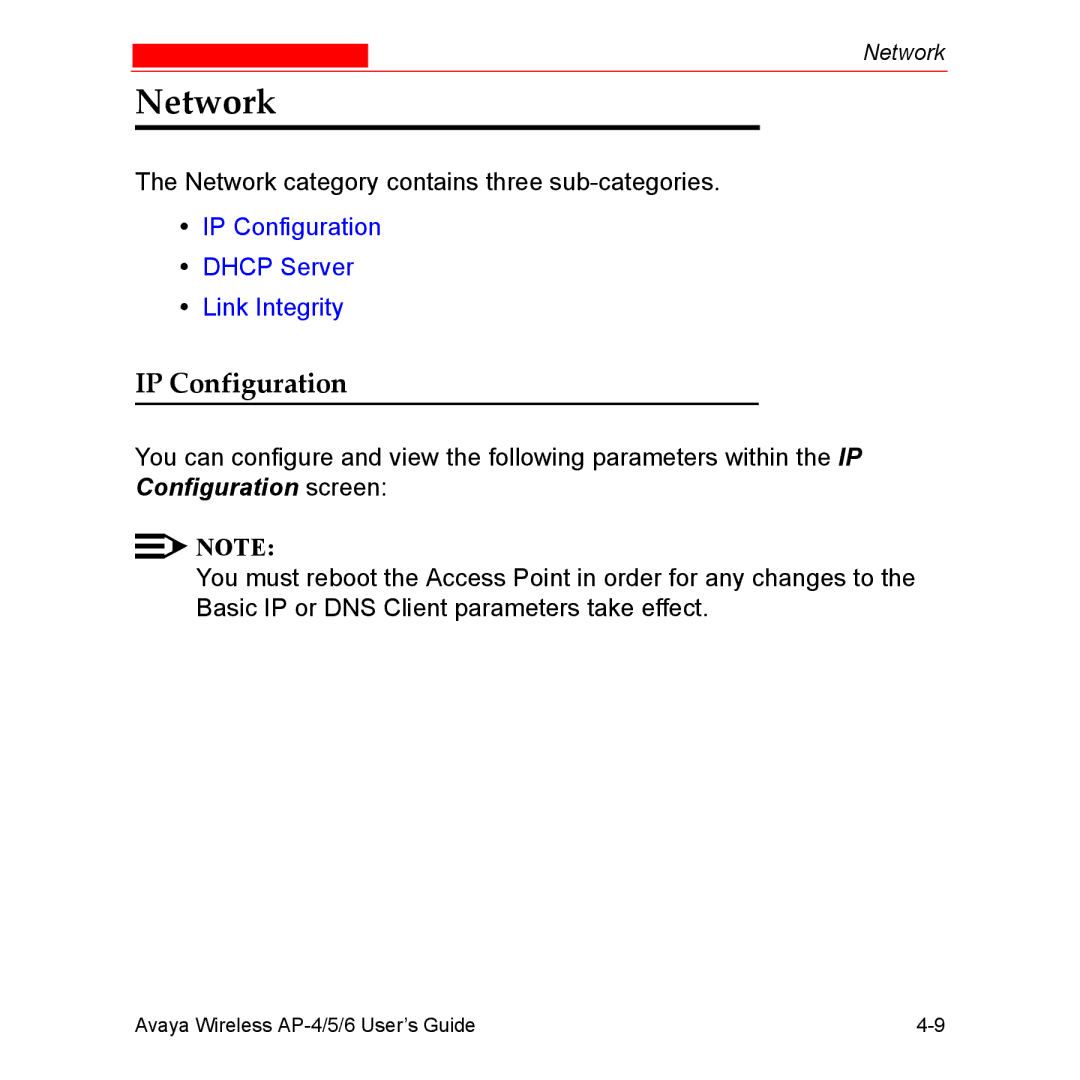 Avaya AP-5, AP-4, AP-6 manual Network, IP Configuration 