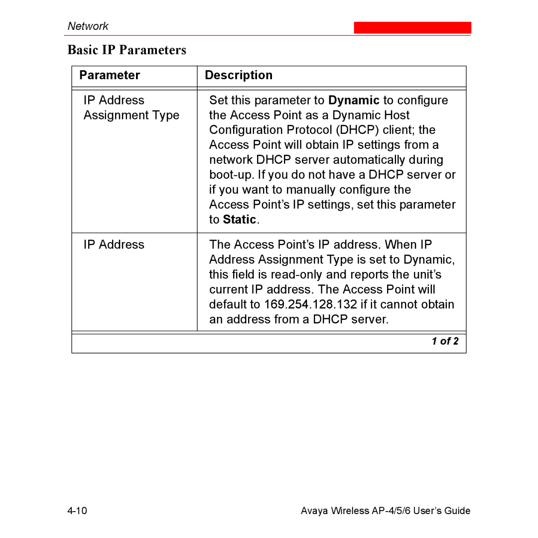 Avaya AP-4, AP-6, AP-5 manual Basic IP Parameters, Parameter Description, To Static 