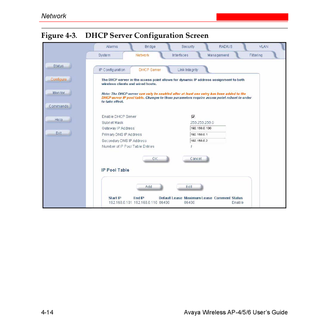 Avaya AP-6, AP-4, AP-5 manual Dhcp Server Configuration Screen 