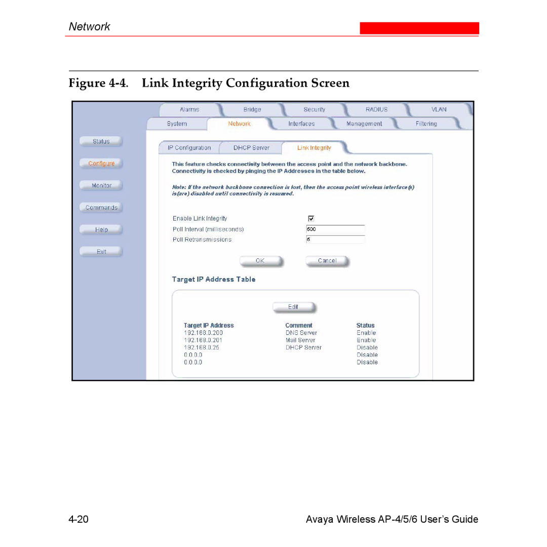 Avaya AP-6, AP-4, AP-5 manual Link Integrity Configuration Screen 