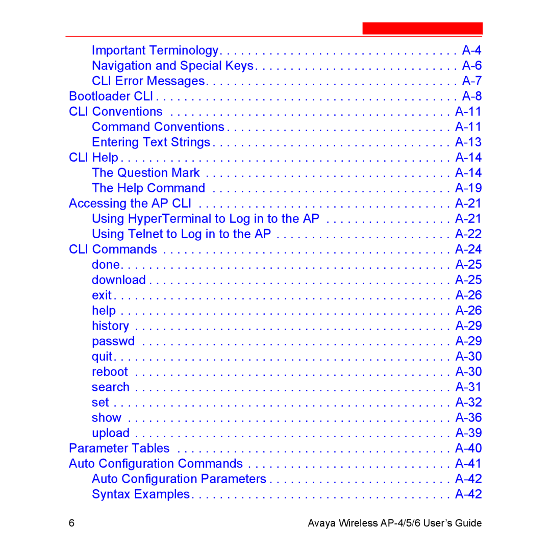 Avaya AP-6, AP-5 manual Avaya Wireless AP-4/5/6 User’s Guide 