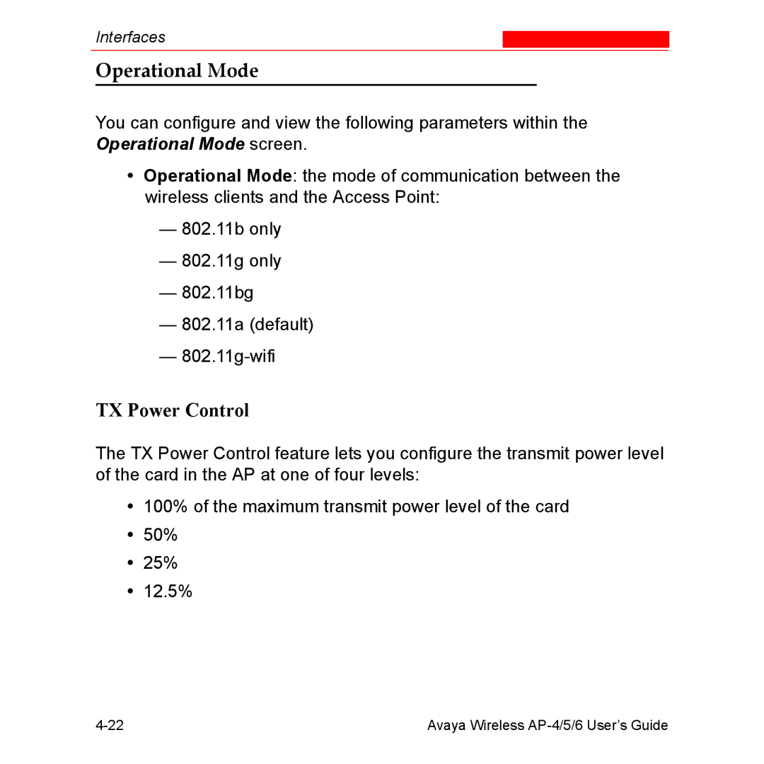 Avaya AP-4, AP-6, AP-5 manual Operational Mode, TX Power Control 