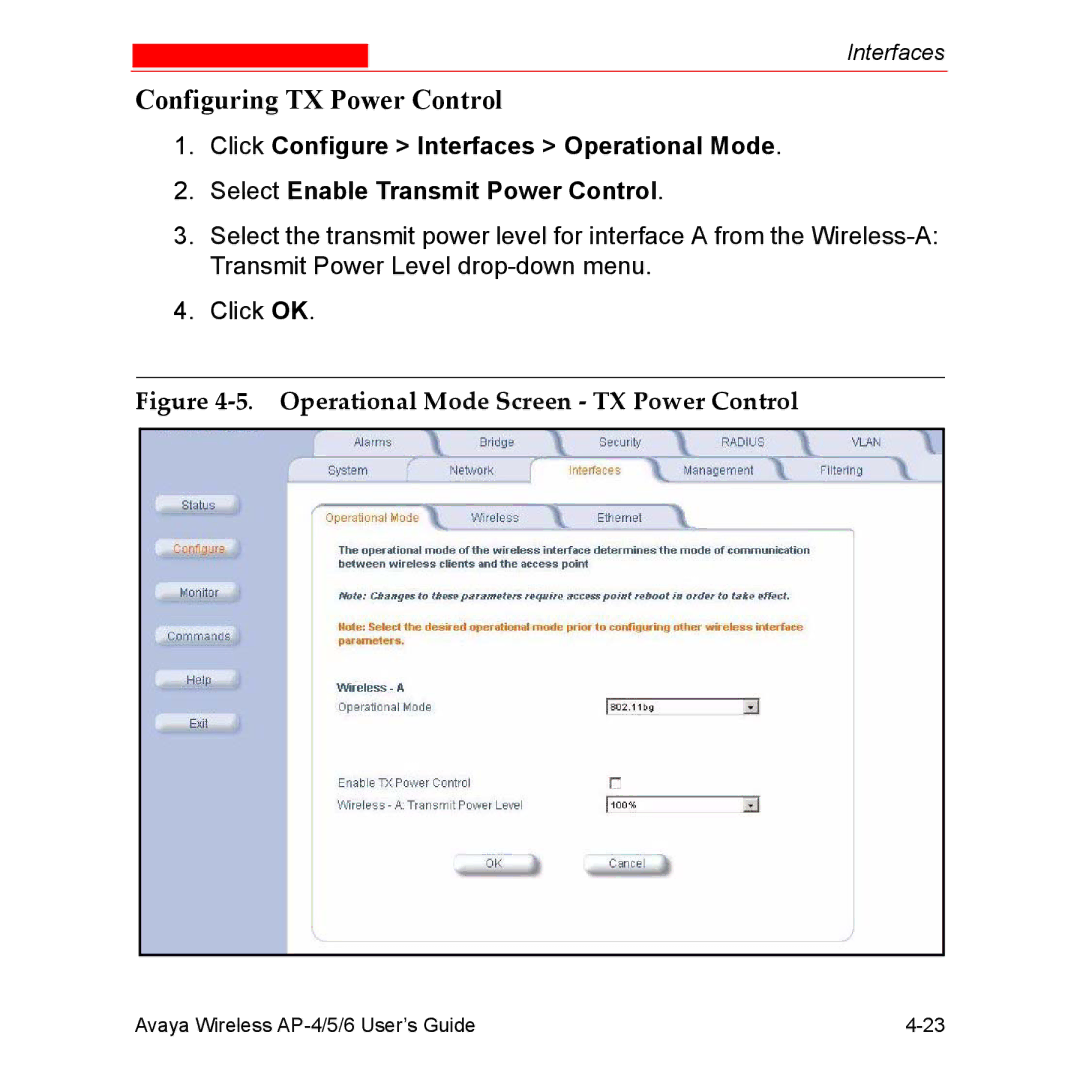 Avaya AP-6, AP-4, AP-5 manual Configuring TX Power Control, Operational Mode Screen TX Power Control 