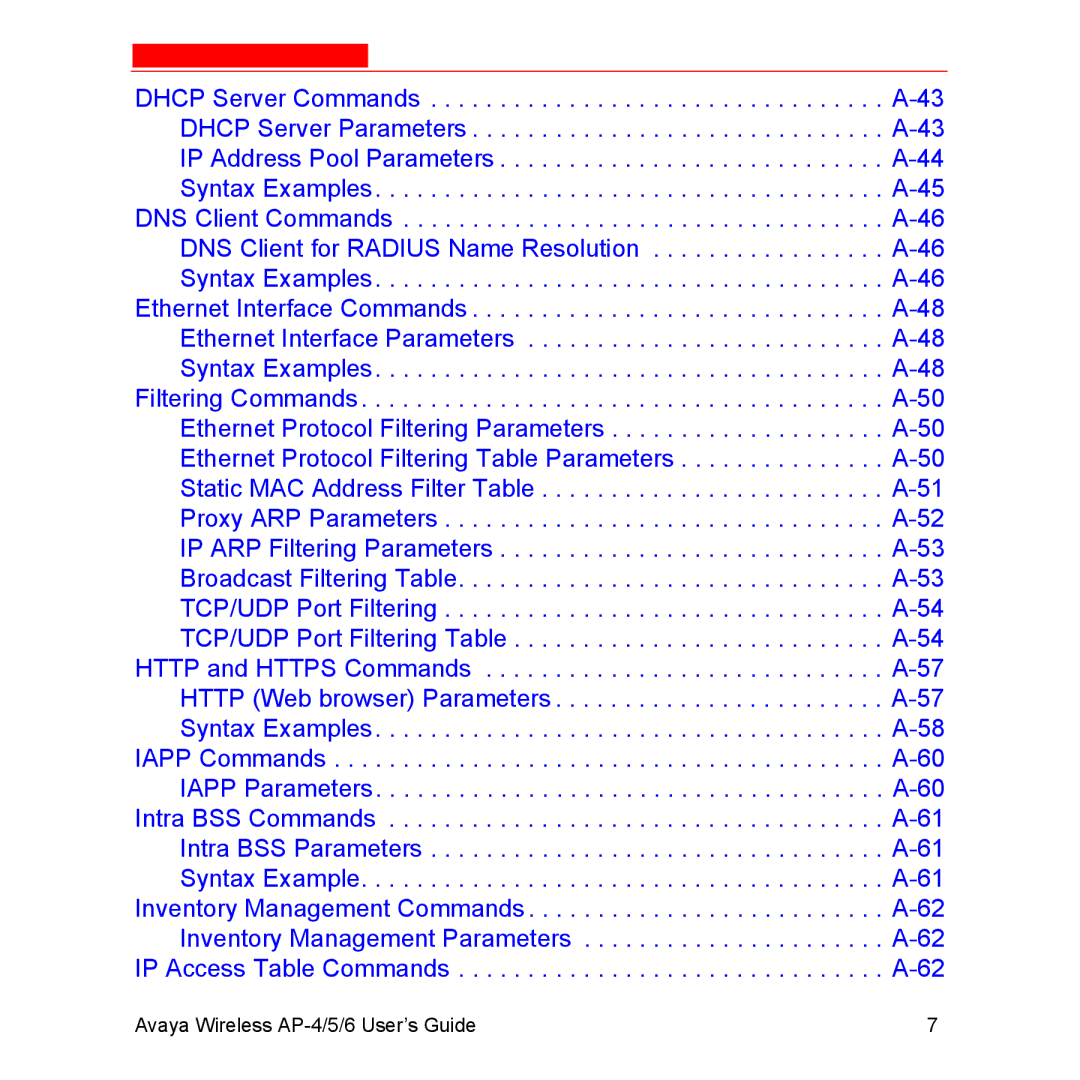 Avaya AP-6, AP-5 manual Avaya Wireless AP-4/5/6 User’s Guide 