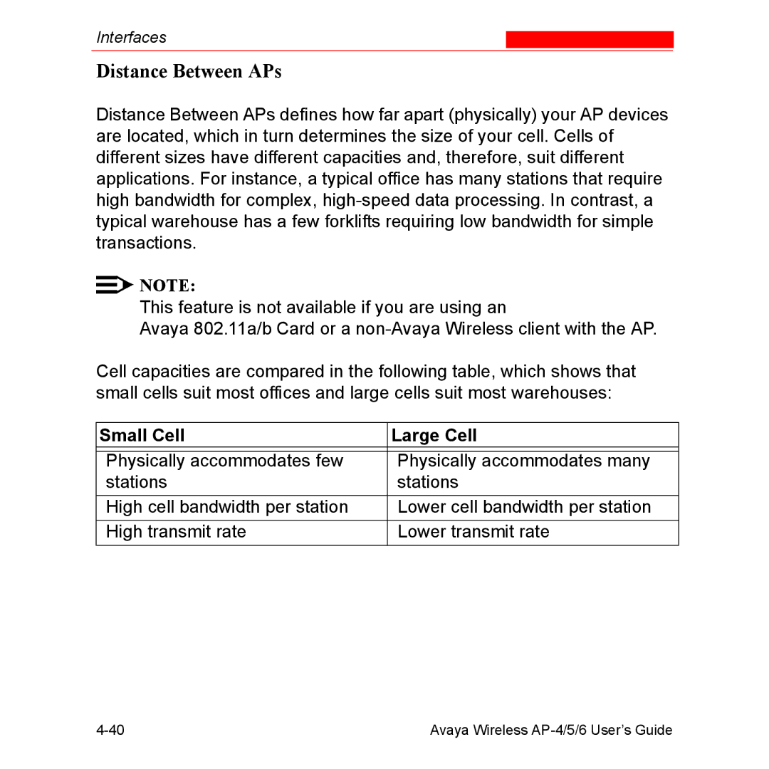 Avaya AP-4, AP-6, AP-5 manual Distance Between APs, Small Cell Large Cell 