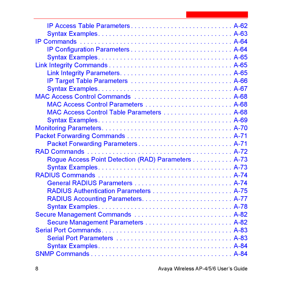 Avaya AP-5, AP-6 manual Avaya Wireless AP-4/5/6 User’s Guide 