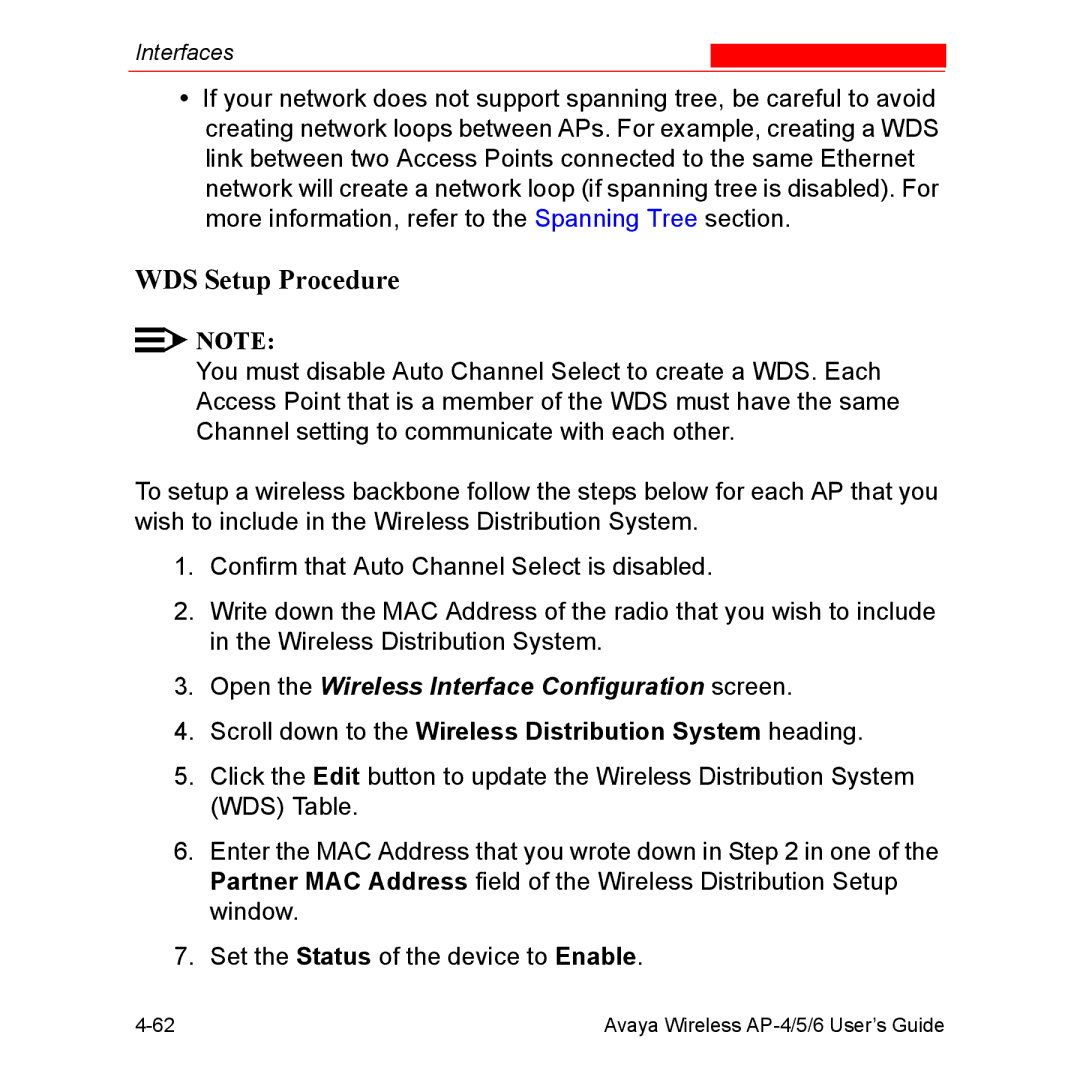 Avaya AP-6, AP-4, AP-5 manual WDS Setup Procedure, Scroll down to the Wireless Distribution System heading 