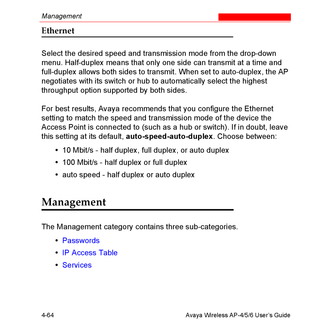 Avaya AP-4, AP-6, AP-5 manual Management, Ethernet 