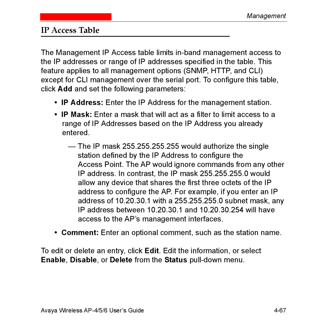 Avaya AP-4, AP-6, AP-5 manual IP Access Table 