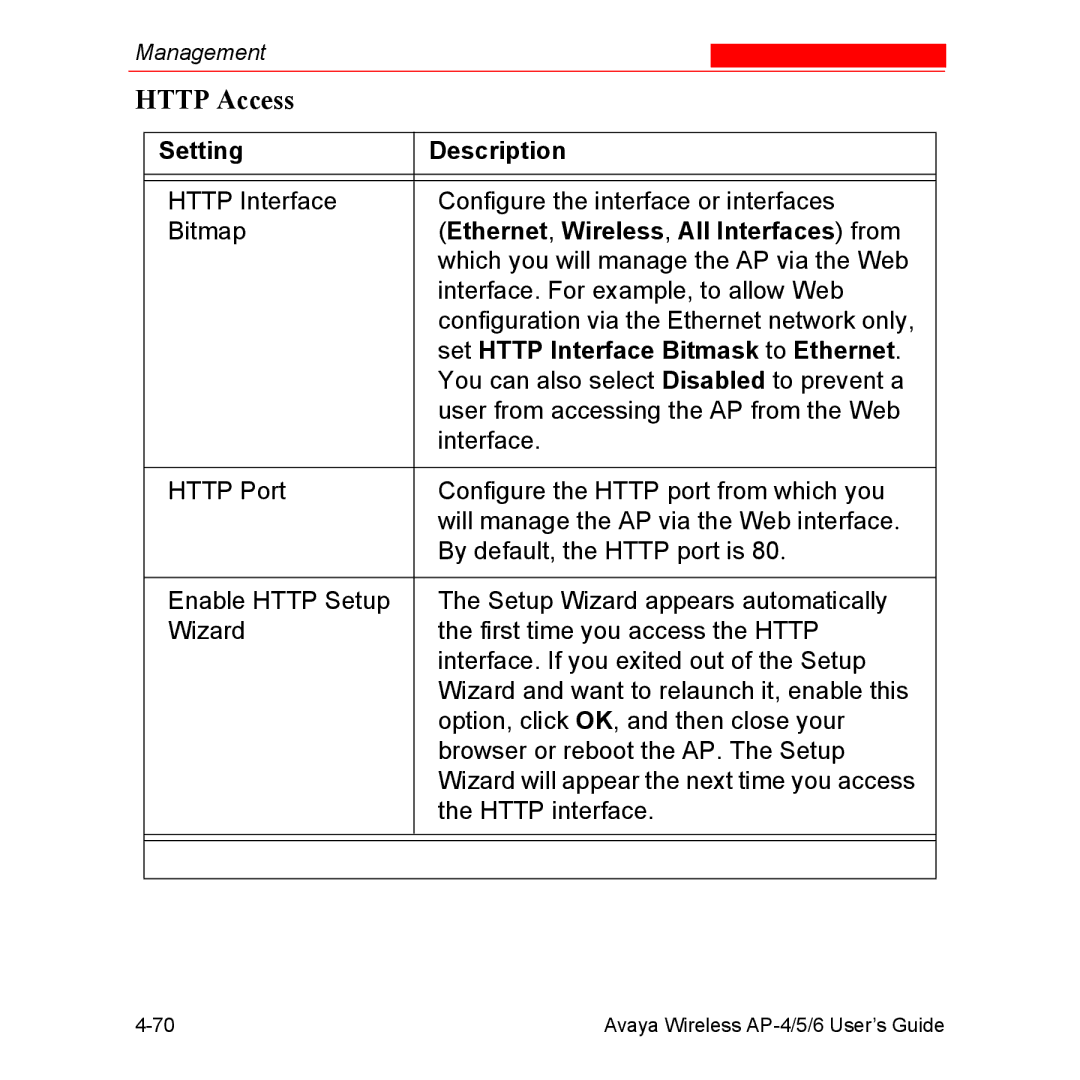 Avaya AP-4, AP-6, AP-5 manual Http Access, Set Http Interface Bitmask to Ethernet 