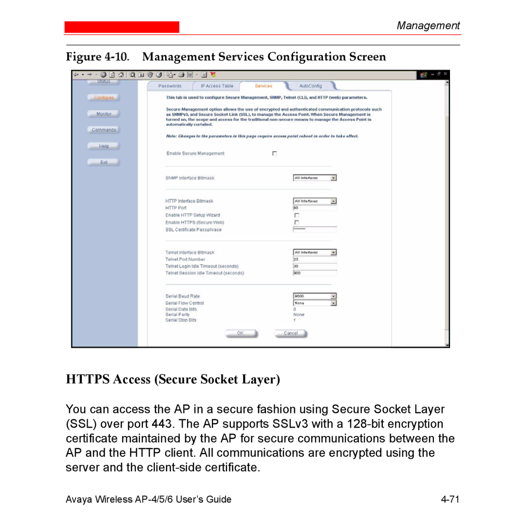 Avaya AP-6, AP-4, AP-5 manual Https Access Secure Socket Layer, Management Services Configuration Screen 