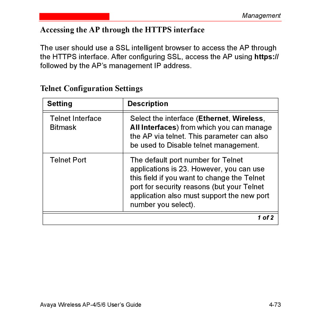 Avaya AP-4, AP-6, AP-5 manual Accessing the AP through the Https interface, Telnet Configuration Settings 