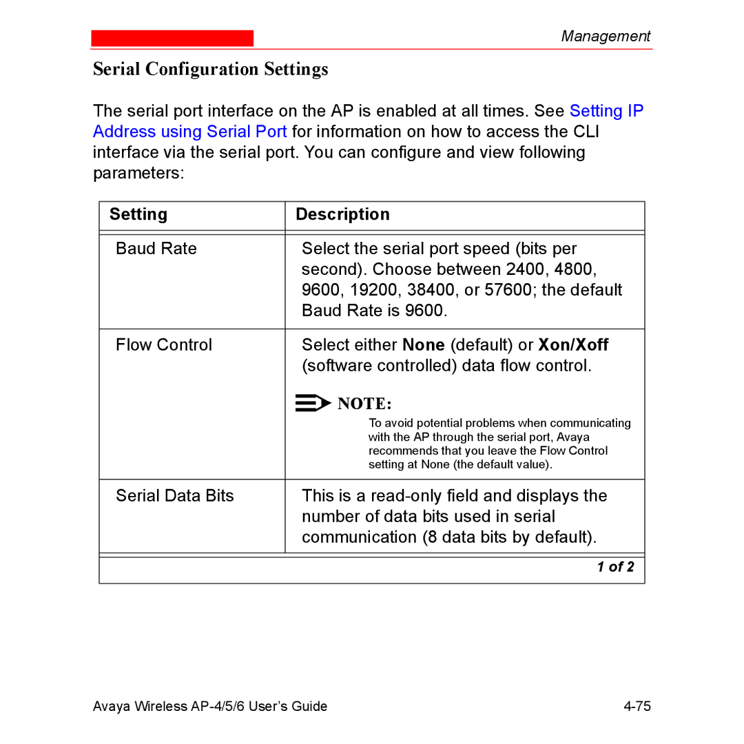 Avaya AP-5, AP-4, AP-6 manual Serial Configuration Settings 