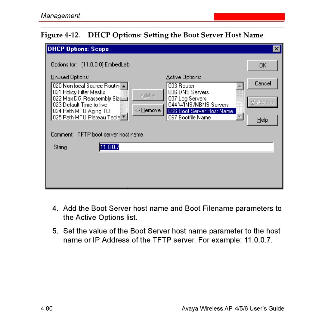 Avaya AP-6, AP-4, AP-5 manual Dhcp Options Setting the Boot Server Host Name 