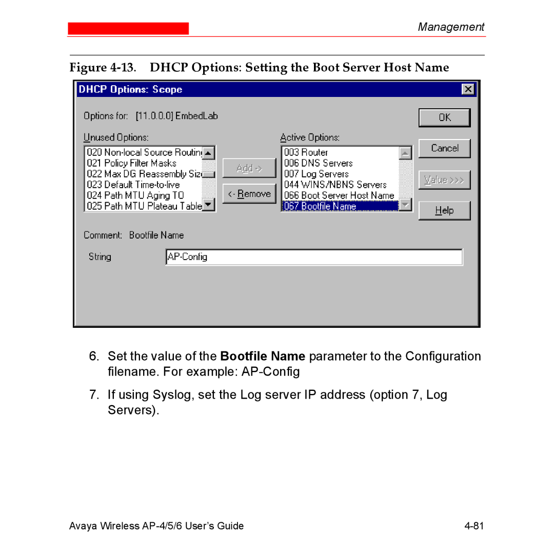 Avaya AP-5, AP-4, AP-6 manual Dhcp Options Setting the Boot Server Host Name 