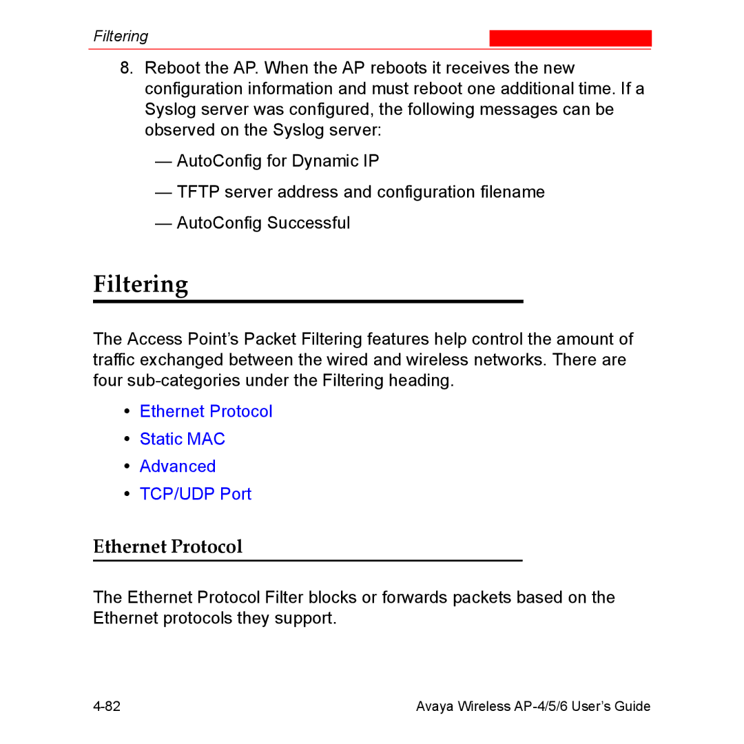 Avaya AP-4, AP-6, AP-5 manual Filtering, Ethernet Protocol 