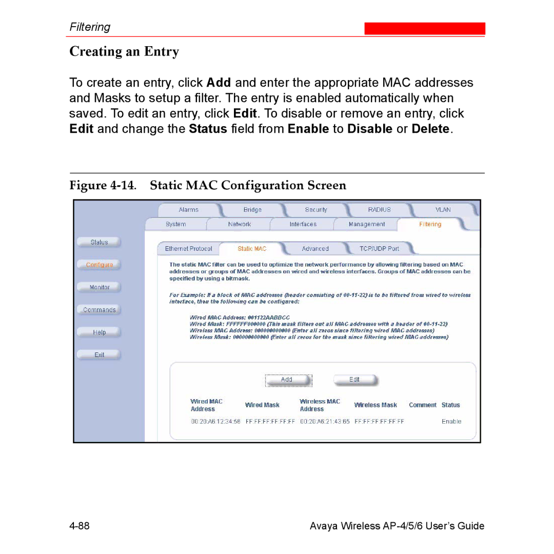 Avaya AP-4, AP-6, AP-5 manual Creating an Entry, Static MAC Configuration Screen 