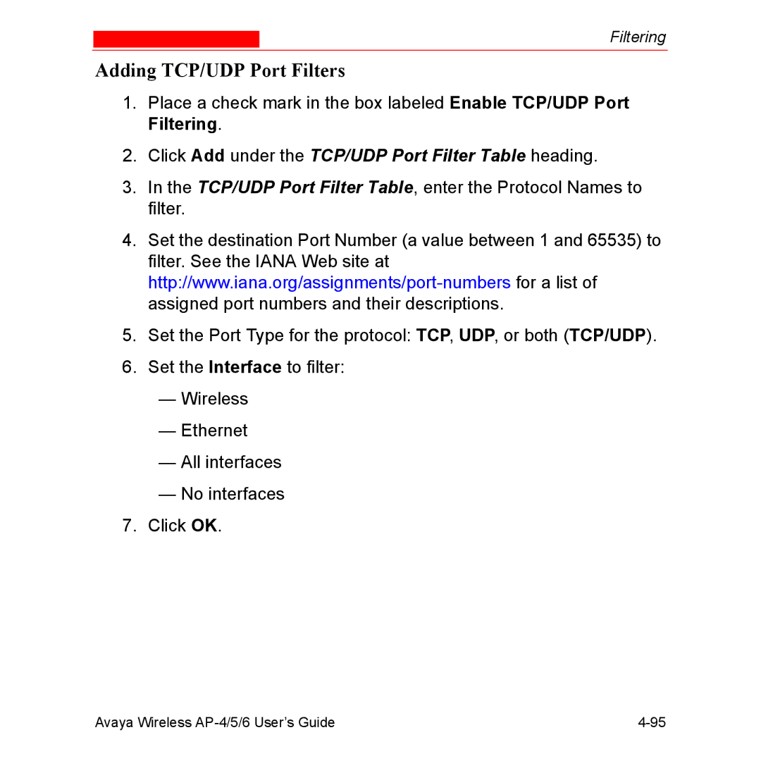 Avaya AP-6, AP-4, AP-5 manual Adding TCP/UDP Port Filters, Click Add under the TCP/UDP Port Filter Table heading 