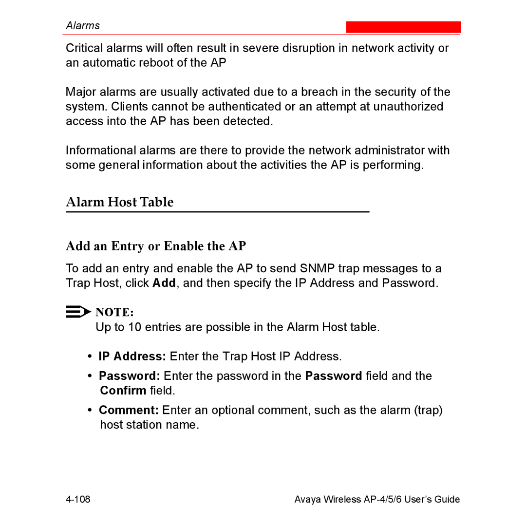 Avaya AP-5, AP-4, AP-6 manual Alarm Host Table, Add an Entry or Enable the AP 