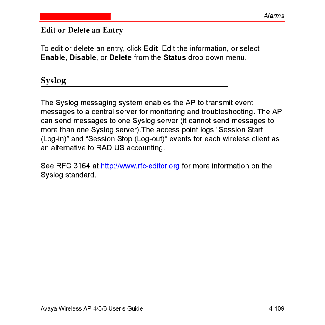 Avaya AP-4, AP-6, AP-5 manual Edit or Delete an Entry, Syslog 