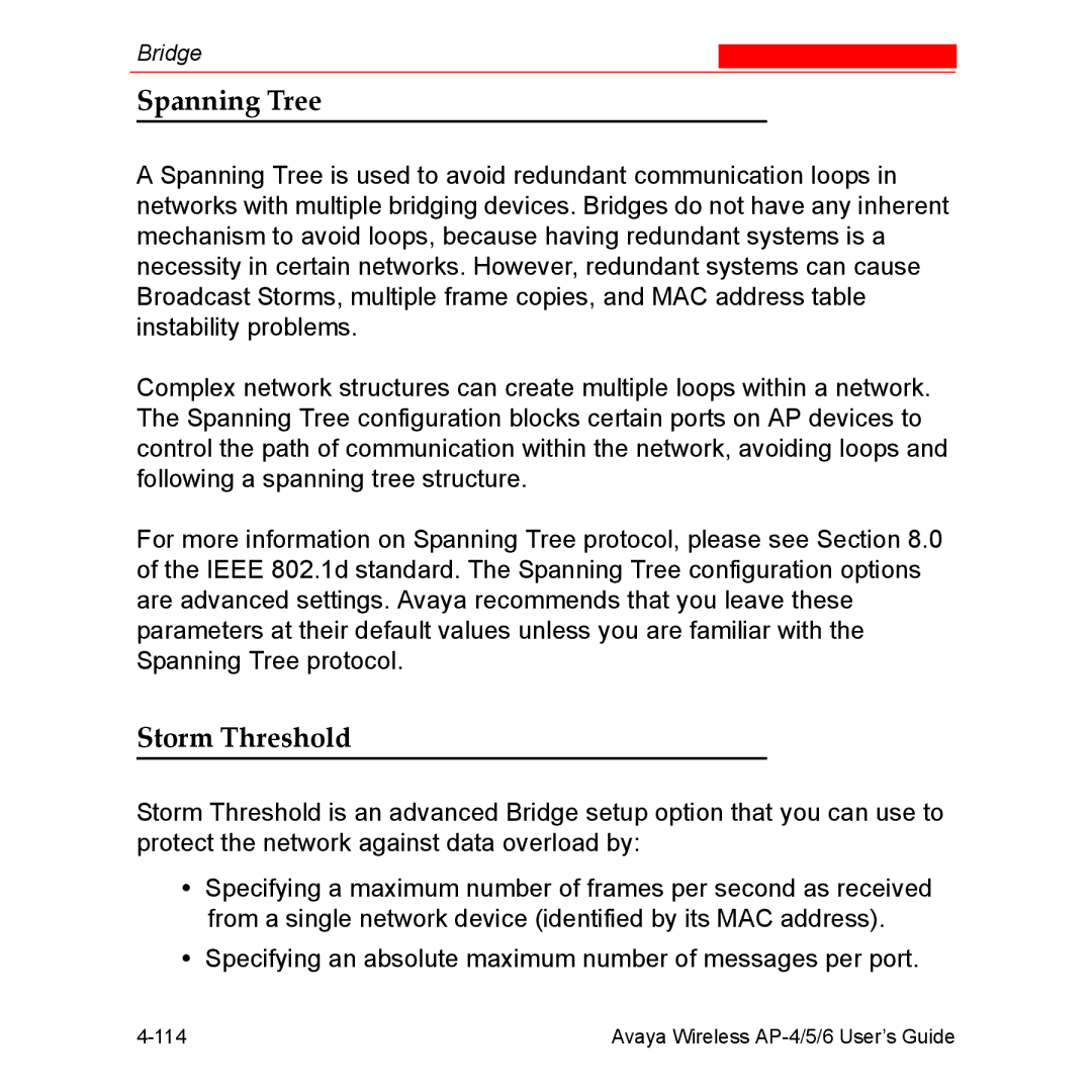 Avaya AP-5, AP-4, AP-6 manual Spanning Tree, Storm Threshold 