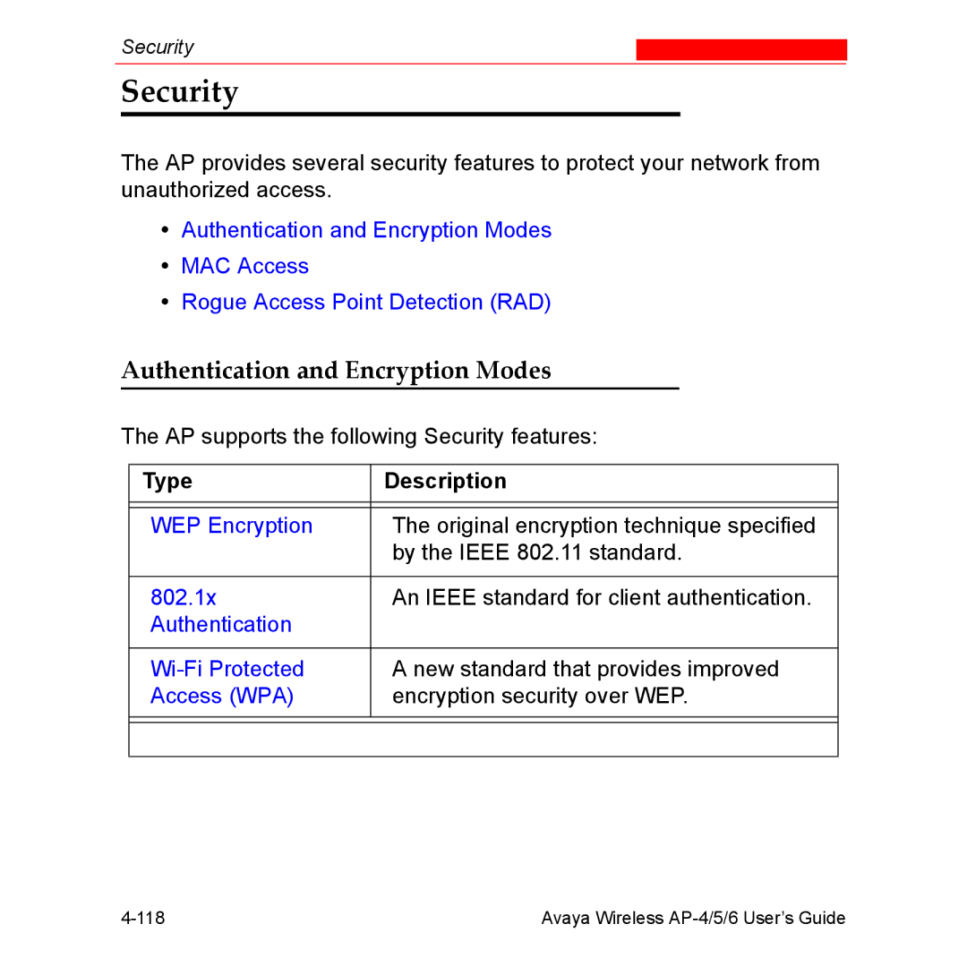 Avaya AP-4, AP-6, AP-5 manual Security, Authentication and Encryption Modes 