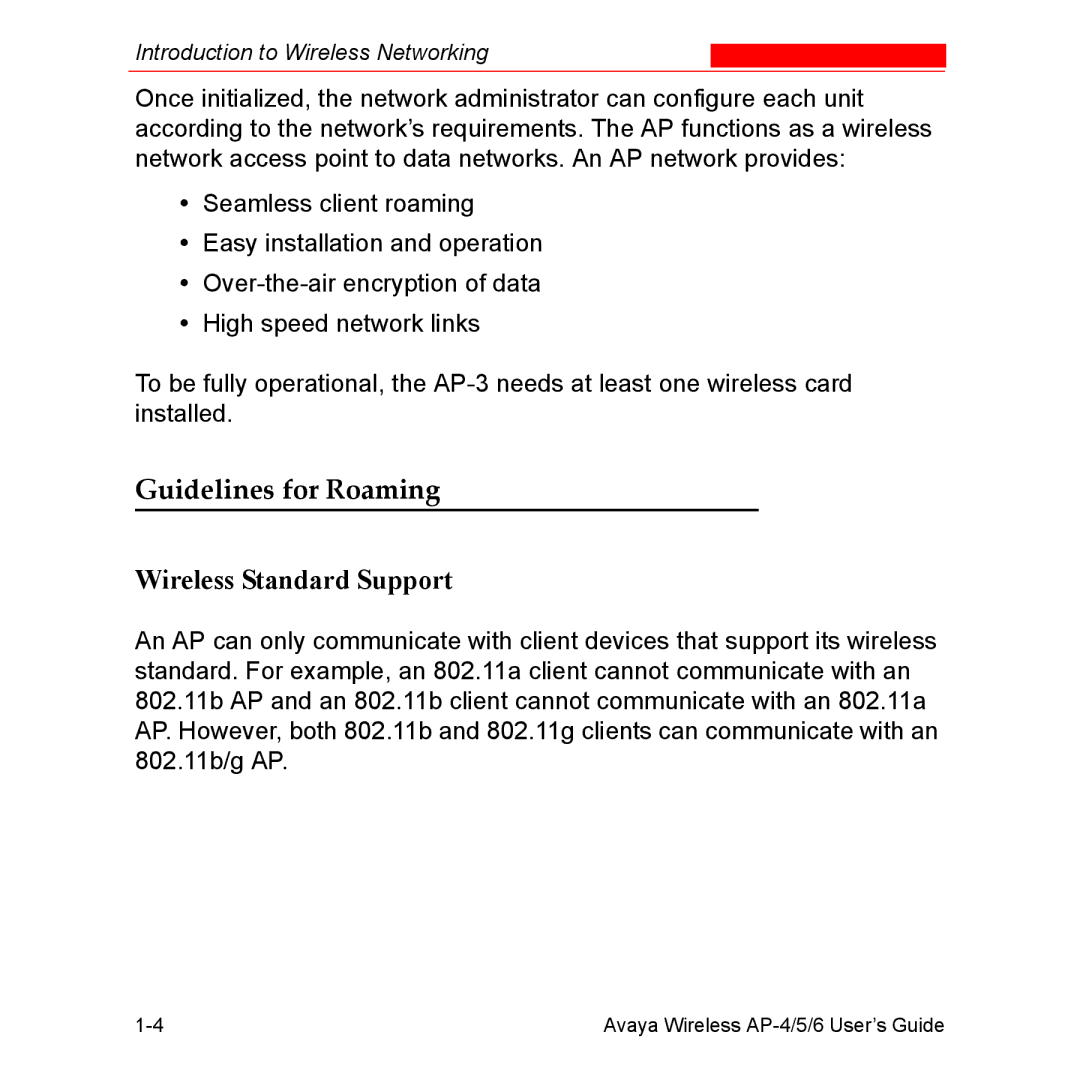 Avaya AP-6, AP-4, AP-5 manual Guidelines for Roaming, Wireless Standard Support 