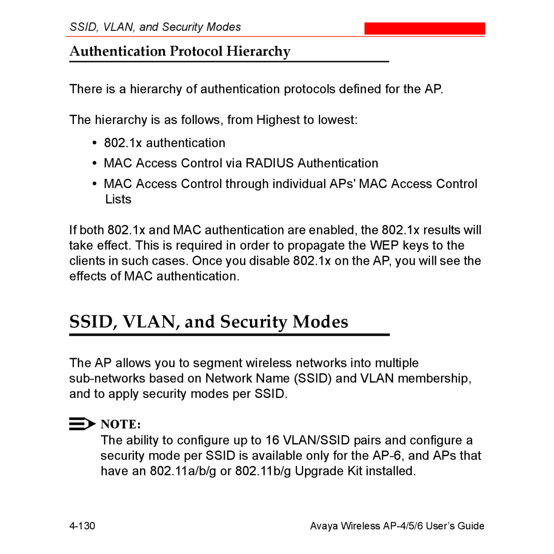 Avaya AP-4, AP-6, AP-5 manual SSID, VLAN, and Security Modes, Authentication Protocol Hierarchy 