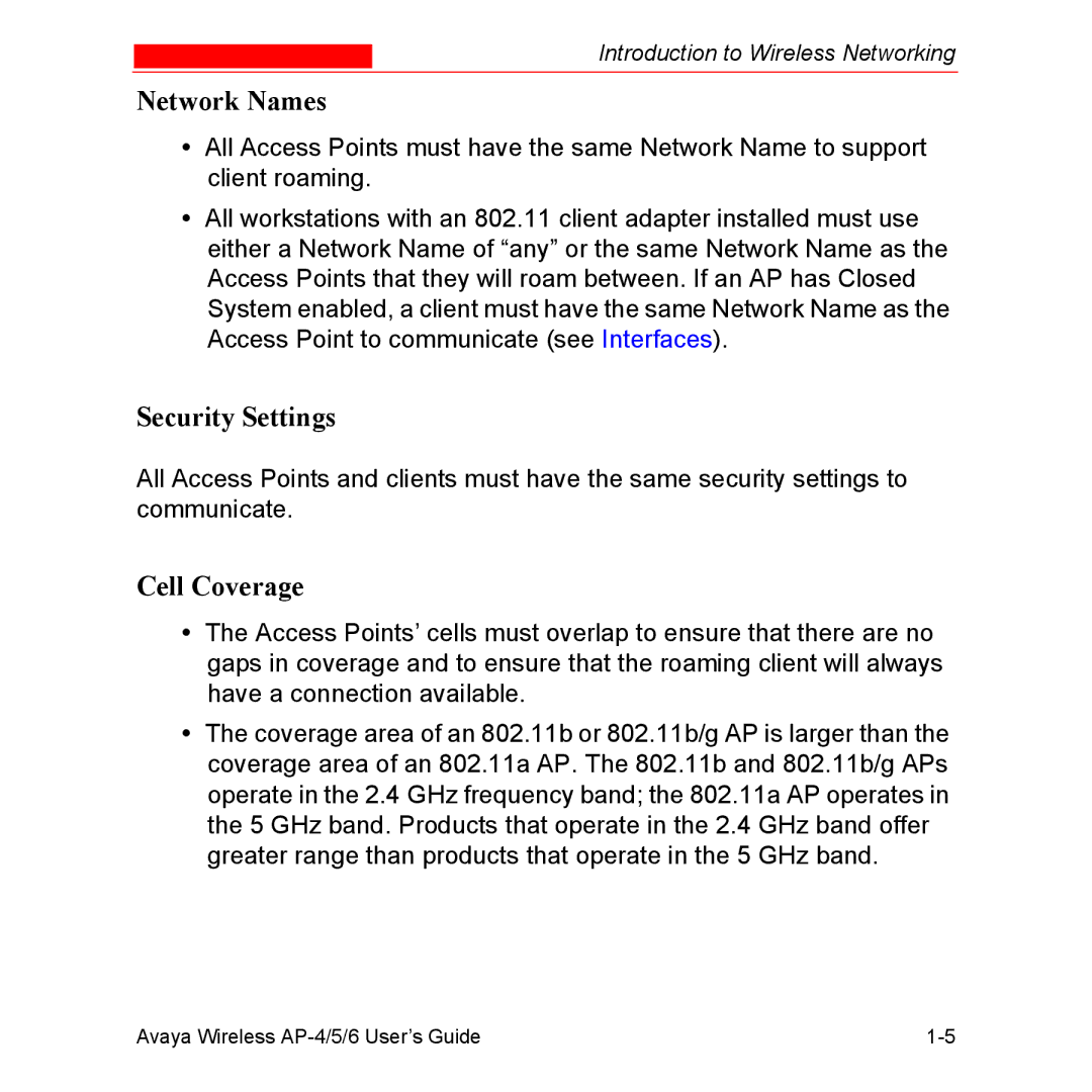 Avaya AP-5, AP-4, AP-6 manual Network Names, Security Settings, Cell Coverage 