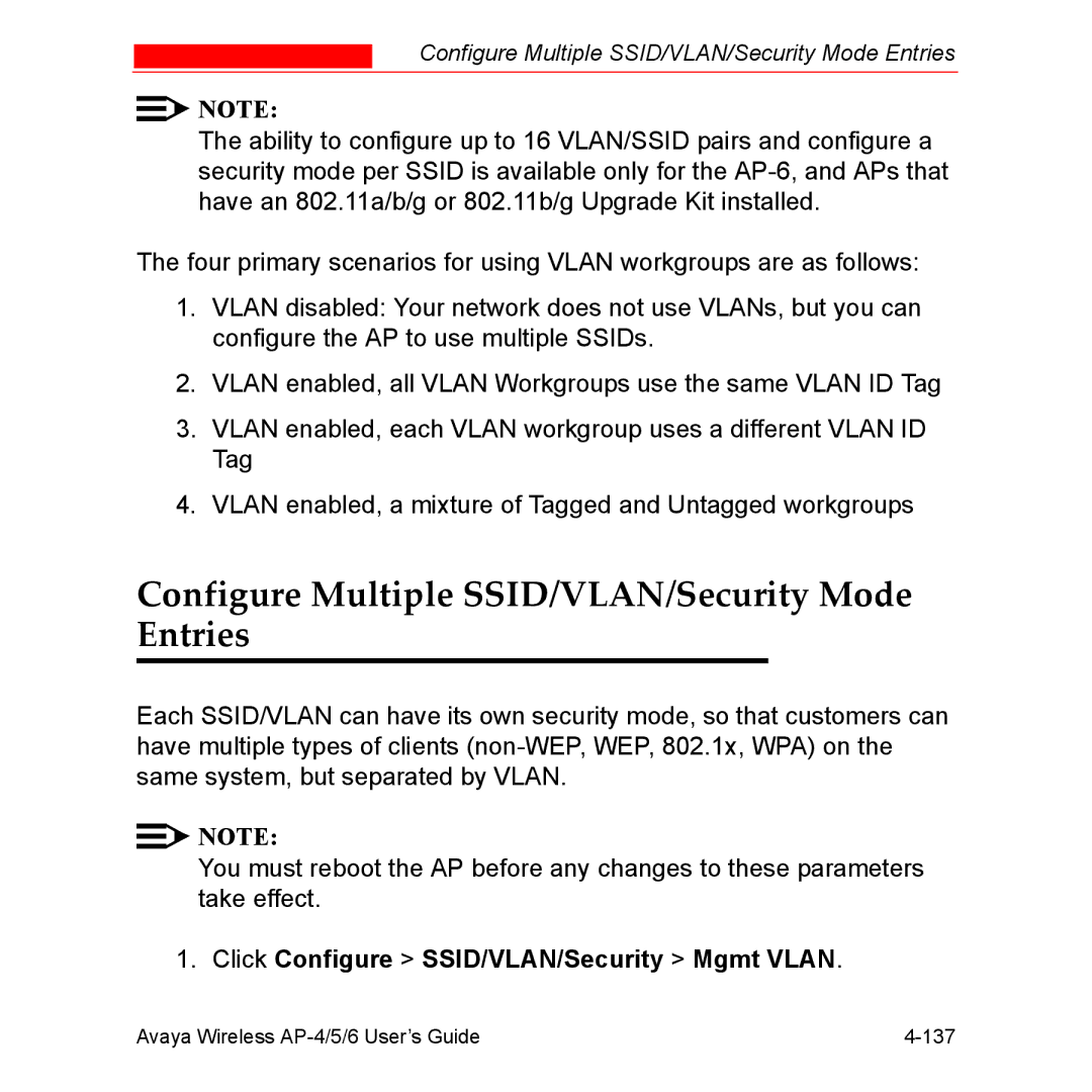 Avaya AP-6, AP-4, AP-5 Configure Multiple SSID/VLAN/Security Mode Entries, Click Configure SSID/VLAN/Security Mgmt Vlan 