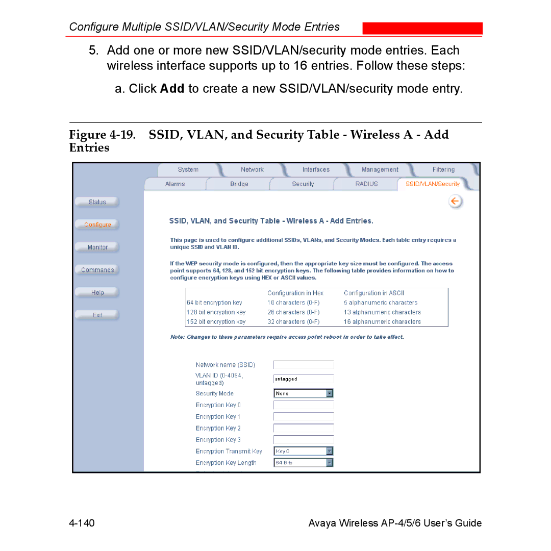 Avaya AP-6, AP-4, AP-5 manual SSID, VLAN, and Security Table Wireless a Add Entries 