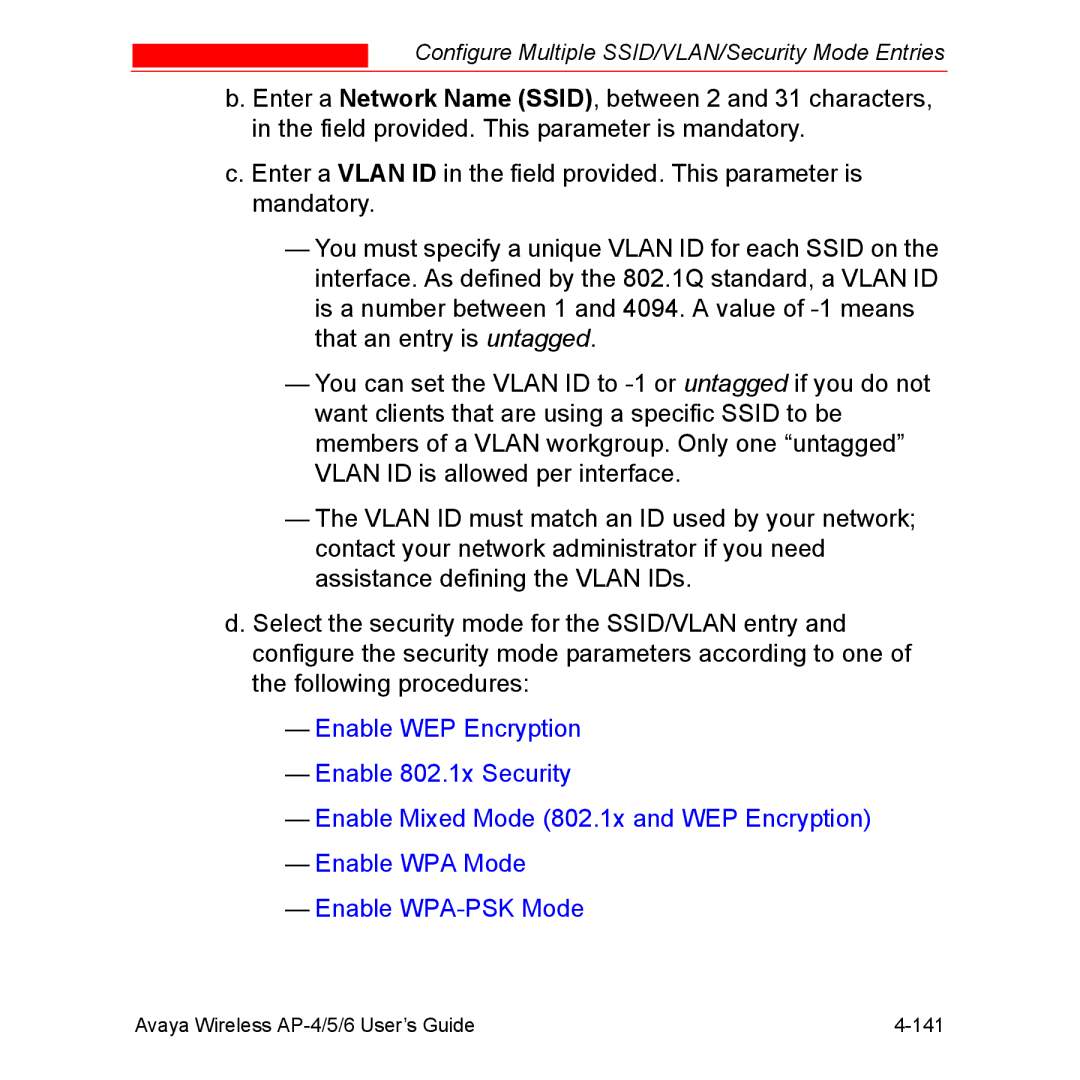 Avaya AP-5, AP-6 manual Avaya Wireless AP-4/5/6 User’s Guide 141 