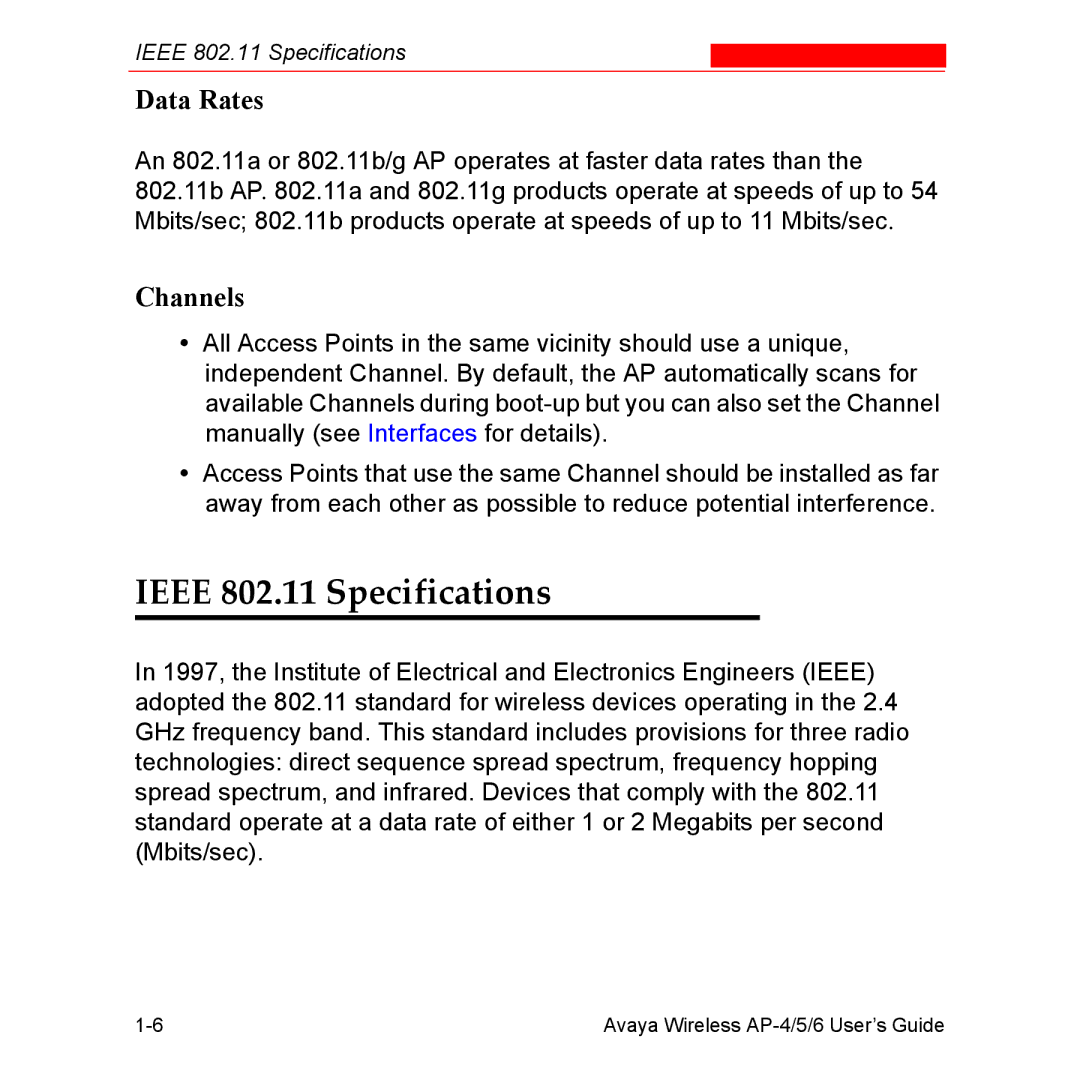 Avaya AP-4, AP-6, AP-5 manual Ieee 802.11 Specifications, Data Rates, Channels 