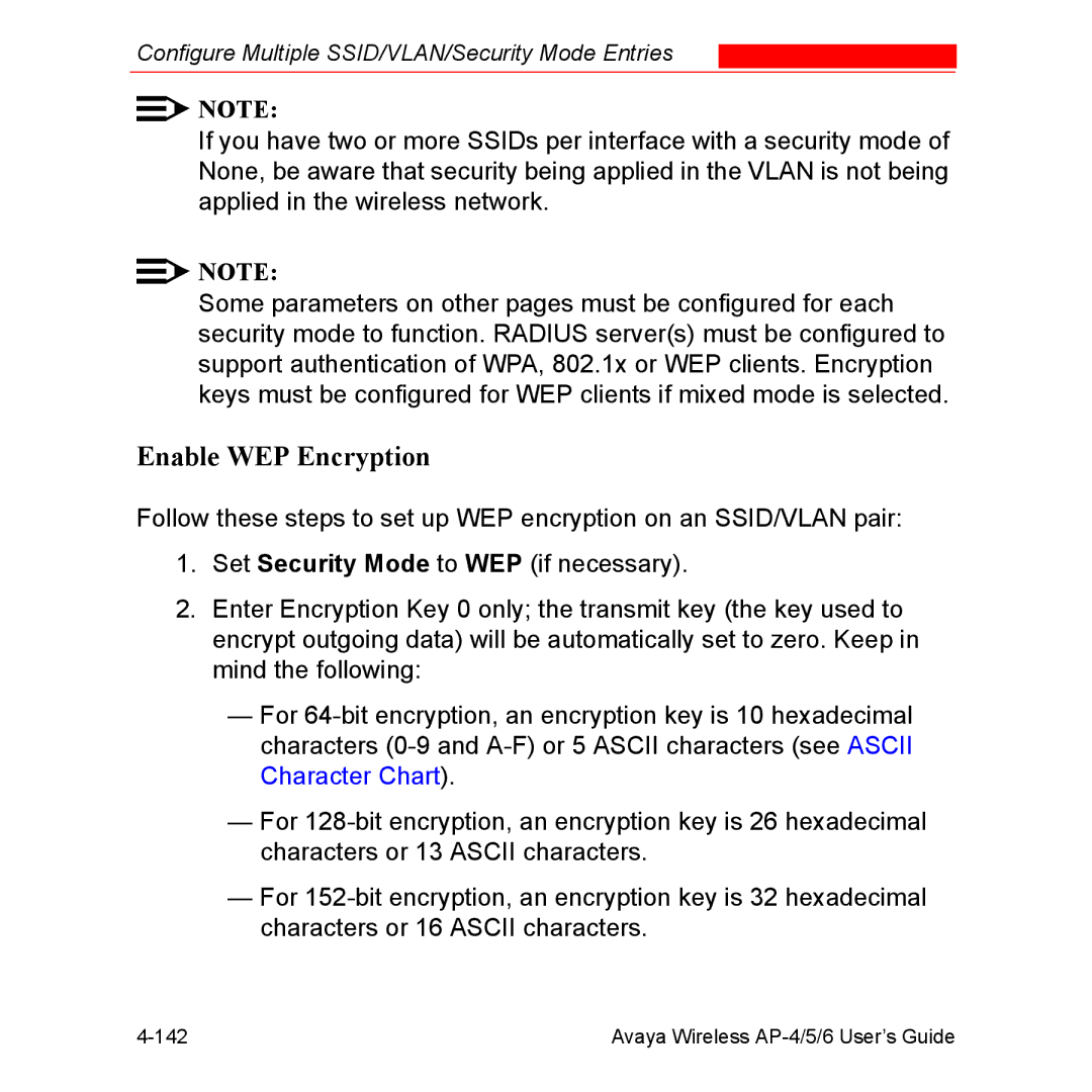 Avaya AP-4, AP-6, AP-5 manual Enable WEP Encryption 