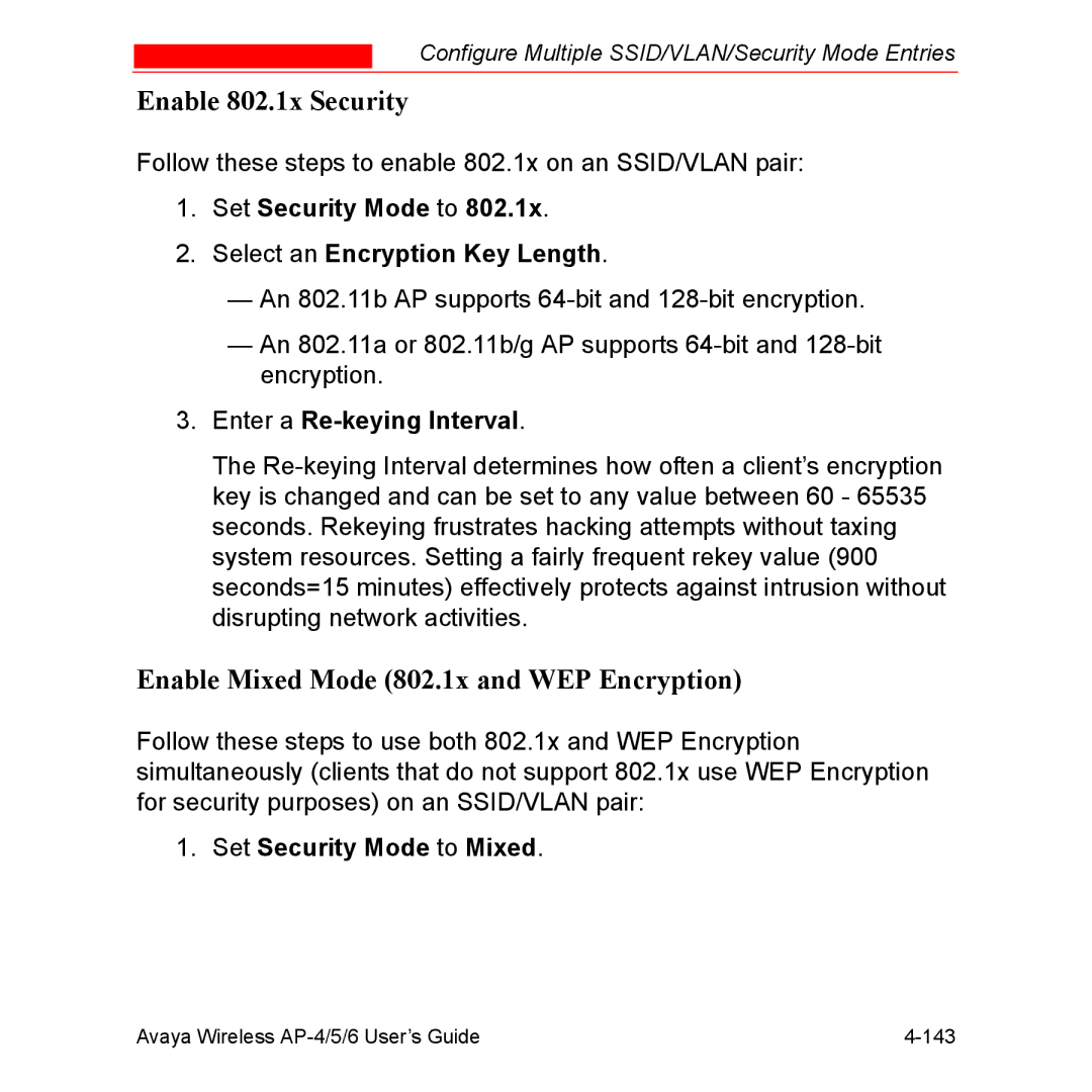 Avaya AP-6, AP-4, AP-5 manual Enable 802.1x Security, Enable Mixed Mode 802.1x and WEP Encryption, Enter a Re-keying Interval 