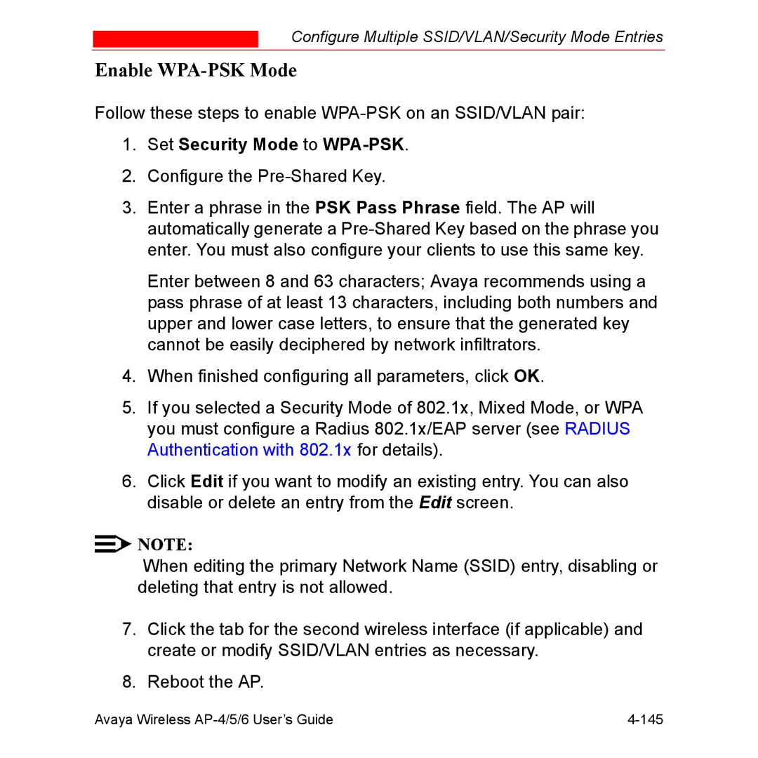 Avaya AP-4, AP-6, AP-5 manual Enable WPA-PSK Mode, Set Security Mode to WPA-PSK 