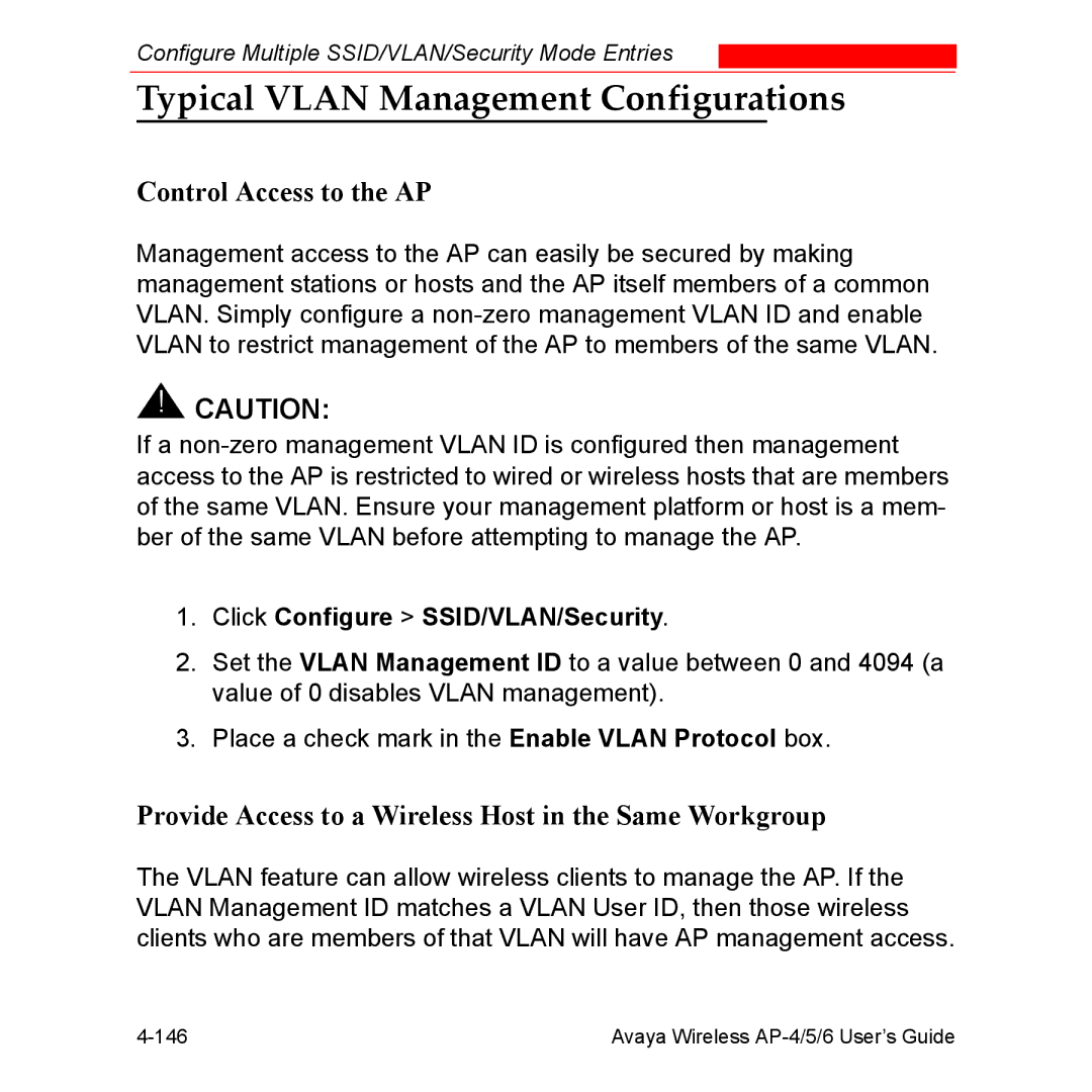 Avaya AP-6, AP-4, AP-5 Typical Vlan Management Configurations, Control Access to the AP, Click Configure SSID/VLAN/Security 